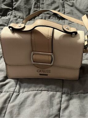 GUESS Beige/Tan Crossbody Satchel with Buckle Detail